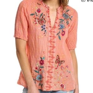 Johnny Was Embroidered Coral Blouse